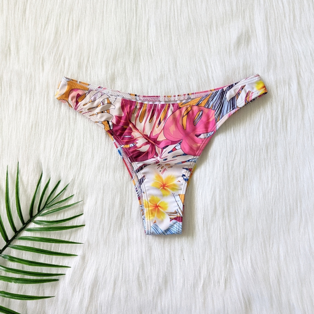Tropical leaf print high leg bikini bottom
